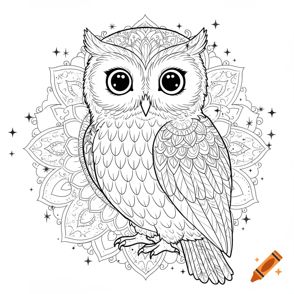 Cartoon owl line art with a mandala background and stars