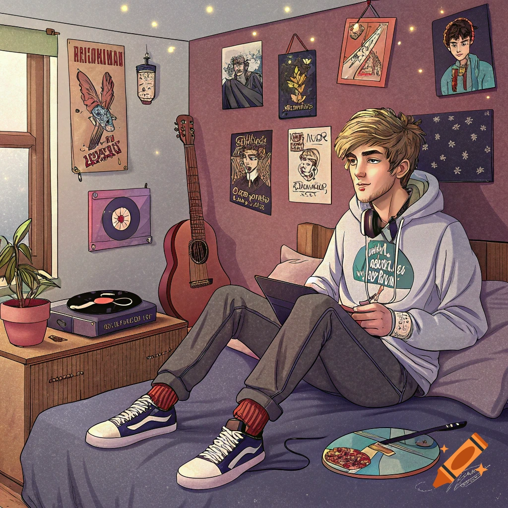An illustrated image of a young man sitting on a bed in a room with posters and music equipment.