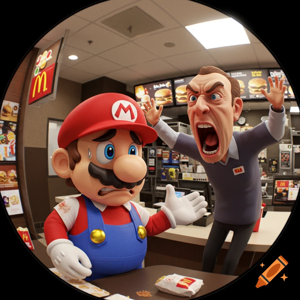 Mario looking distressed while a McDonald's employee yells at him, viewed through a fisheye lens.