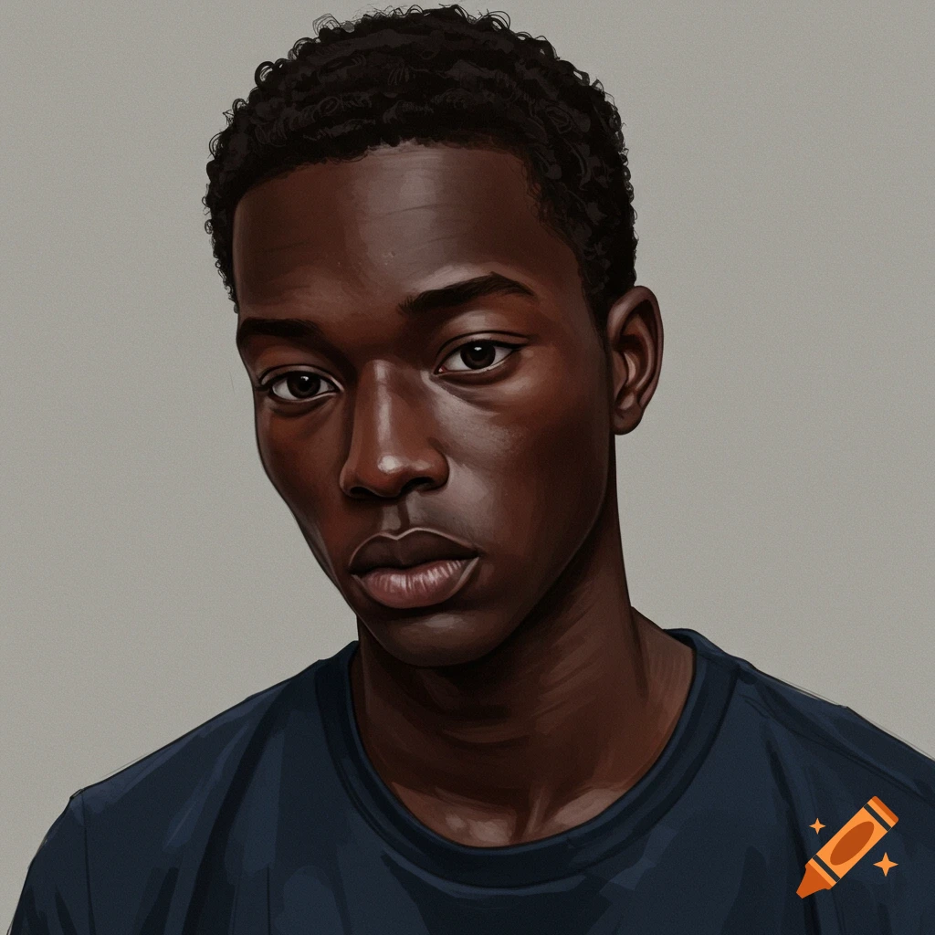 Digital portrait of a young Black man with curly hair looking down.