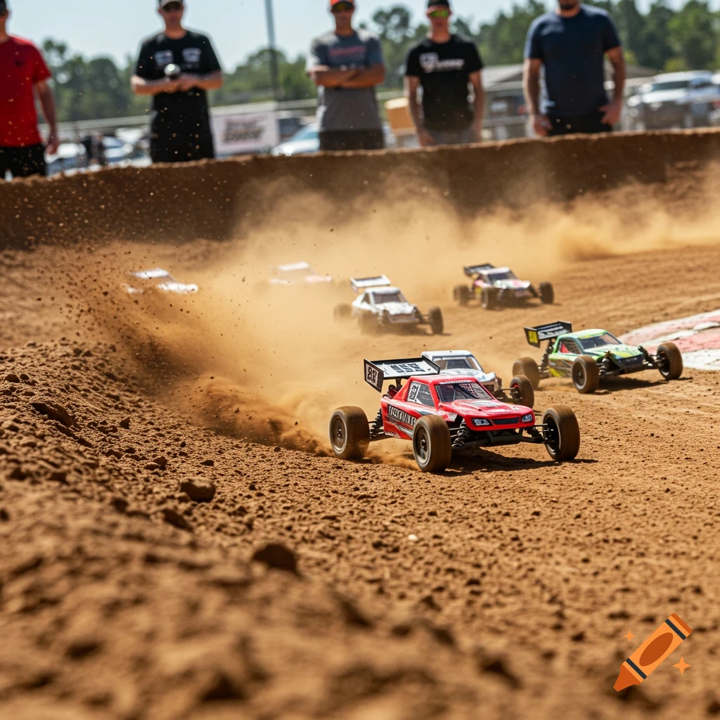 RC cars race on a dirt track, kicking up dust, with spectators watching.