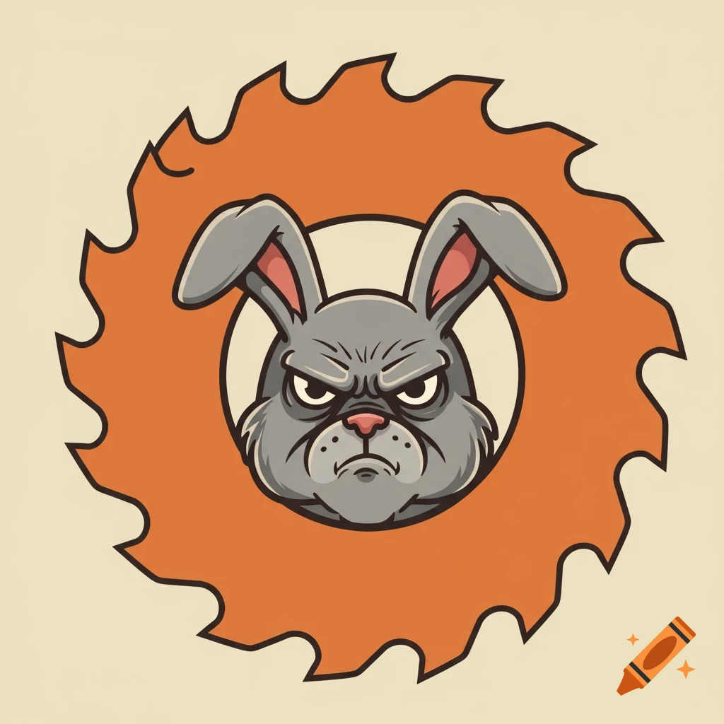 Illustration of an angry rabbit head inside a circular saw blade.