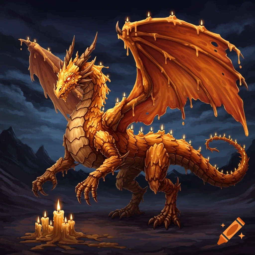 Illustration of a dragon made of melted candle wax with lit wicks, standing against a dark, cloudy background.