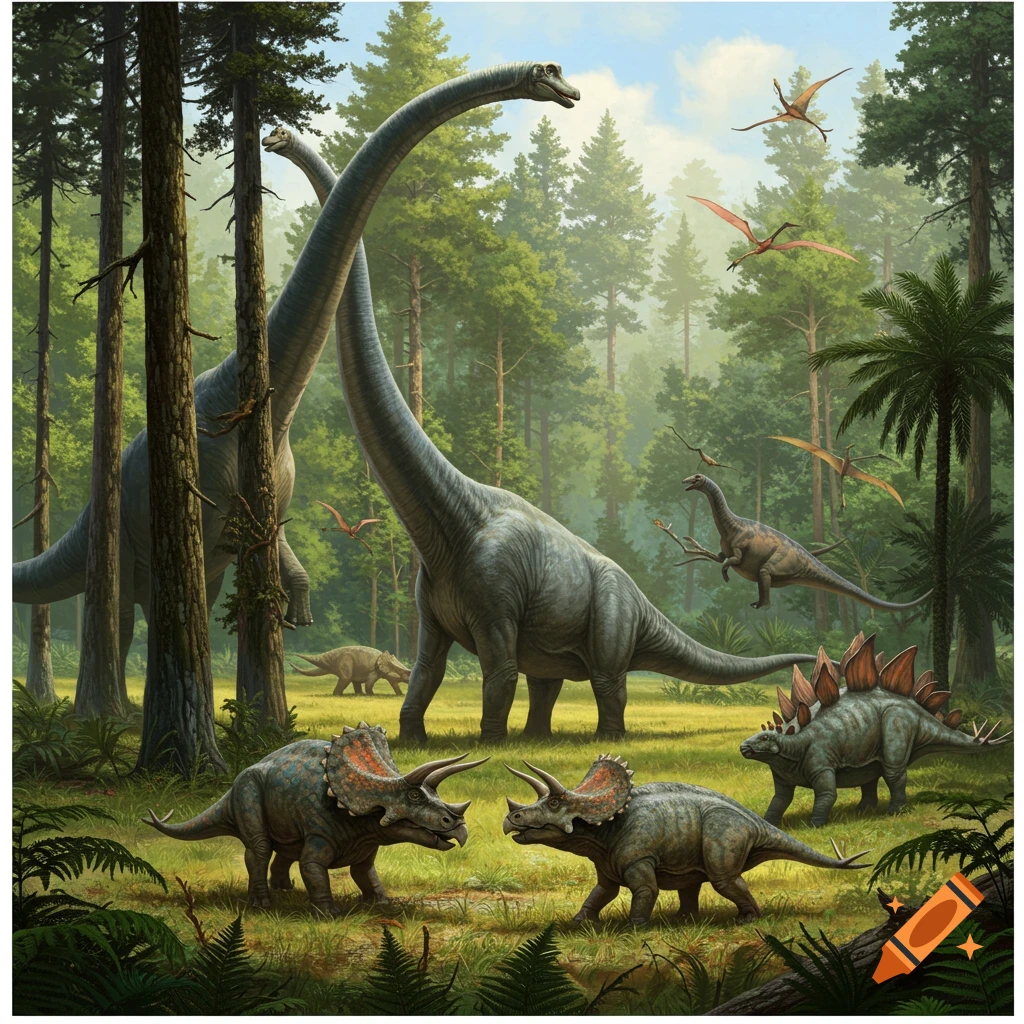 Realistic dinosaurs including long-necked ones, triceratops, and a stegosaurus in a prehistoric forest.