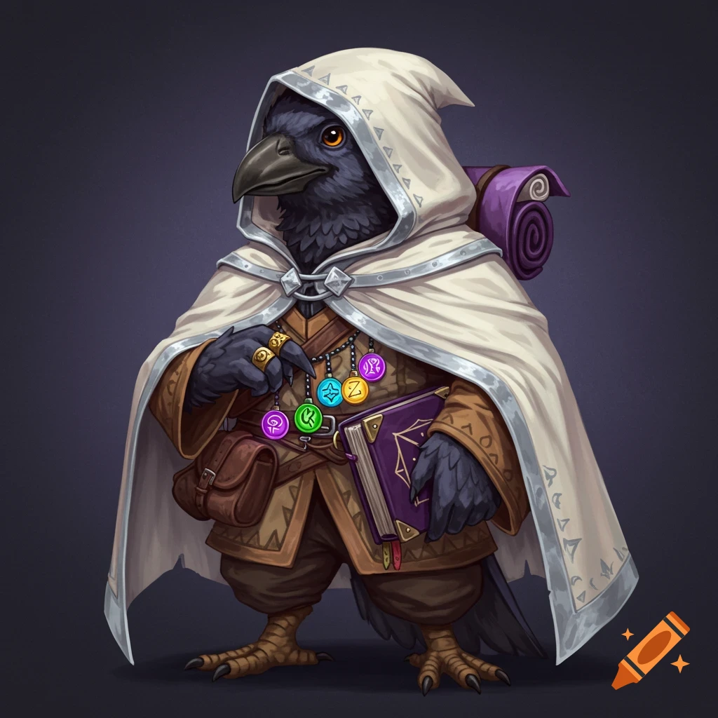 Illustration of a fantasy bird creature (Kenku) in a white hooded cloak, holding a book and charms.