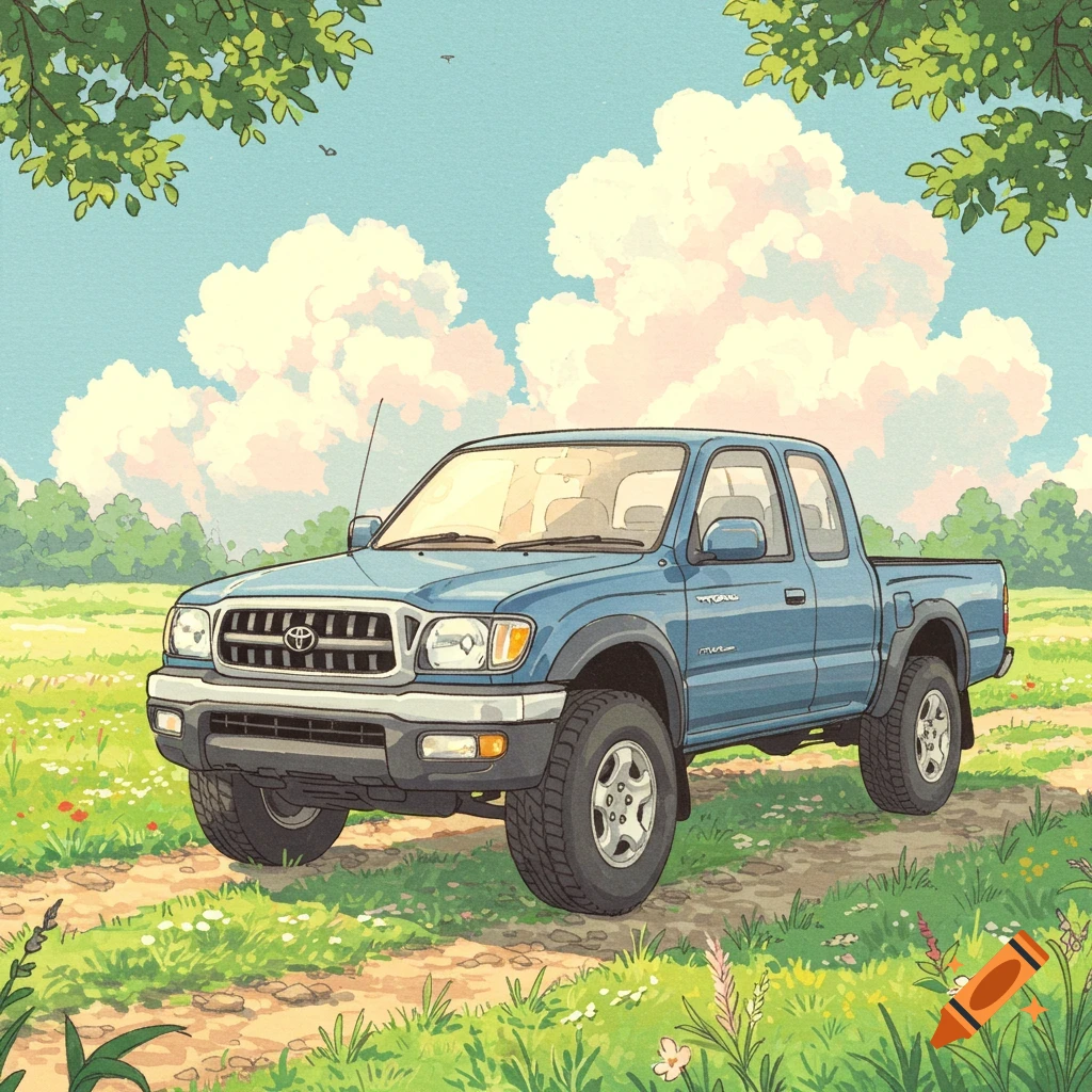 An anime illustration of a blue Toyota Tacoma pickup truck in a grassy field.