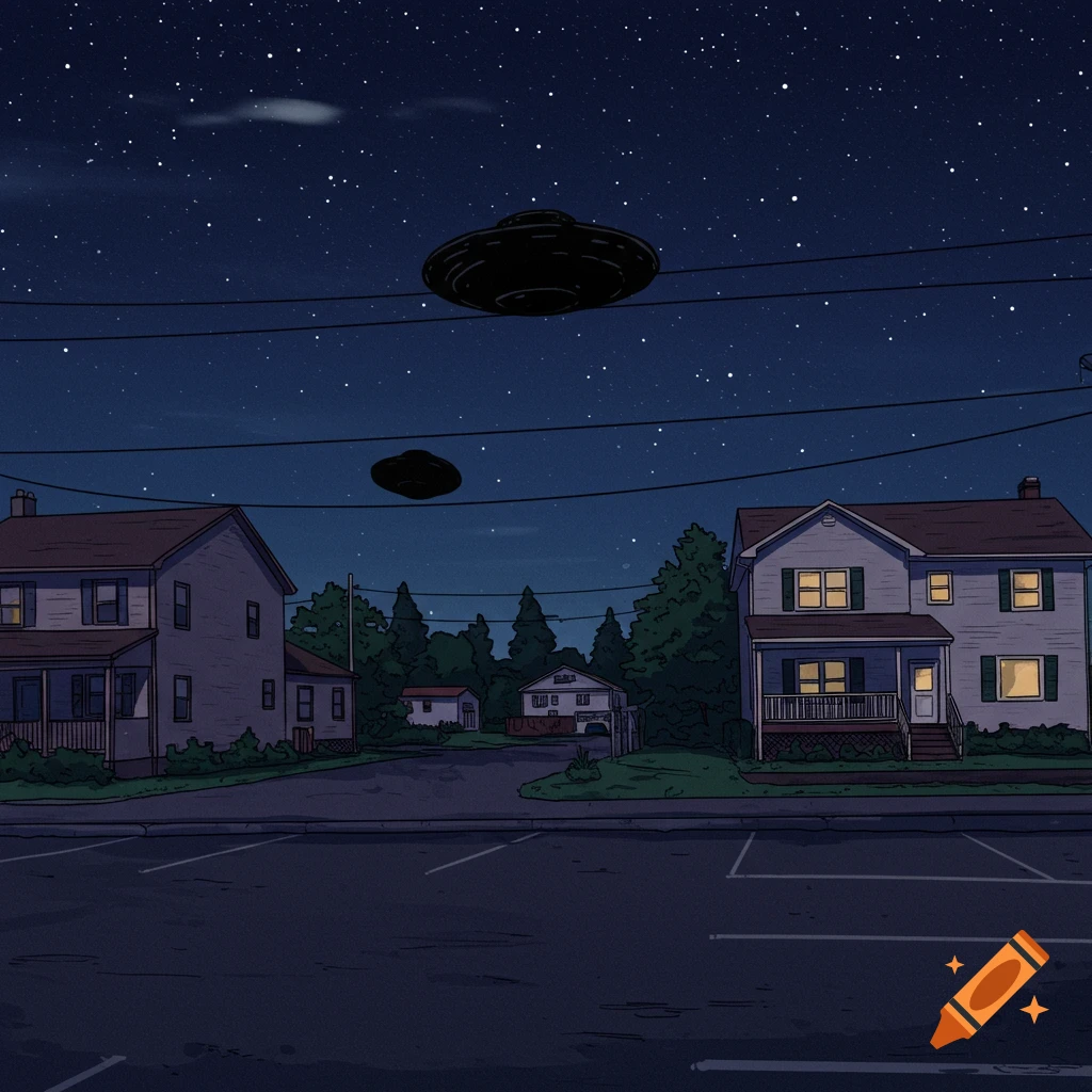 Two black disk UFOs hover over suburban houses at night, viewed from a parking lot, in an illustrative style.