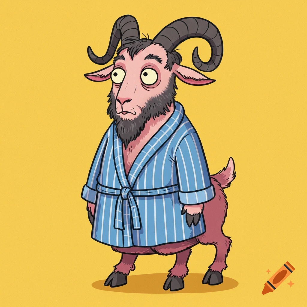 A cartoon goat-like figure wearing a blue striped bathrobe, standing on a yellow background.