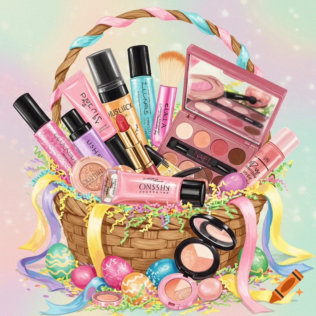 Illustration of a basket filled with makeup products, Easter eggs, ribbons, and confetti.