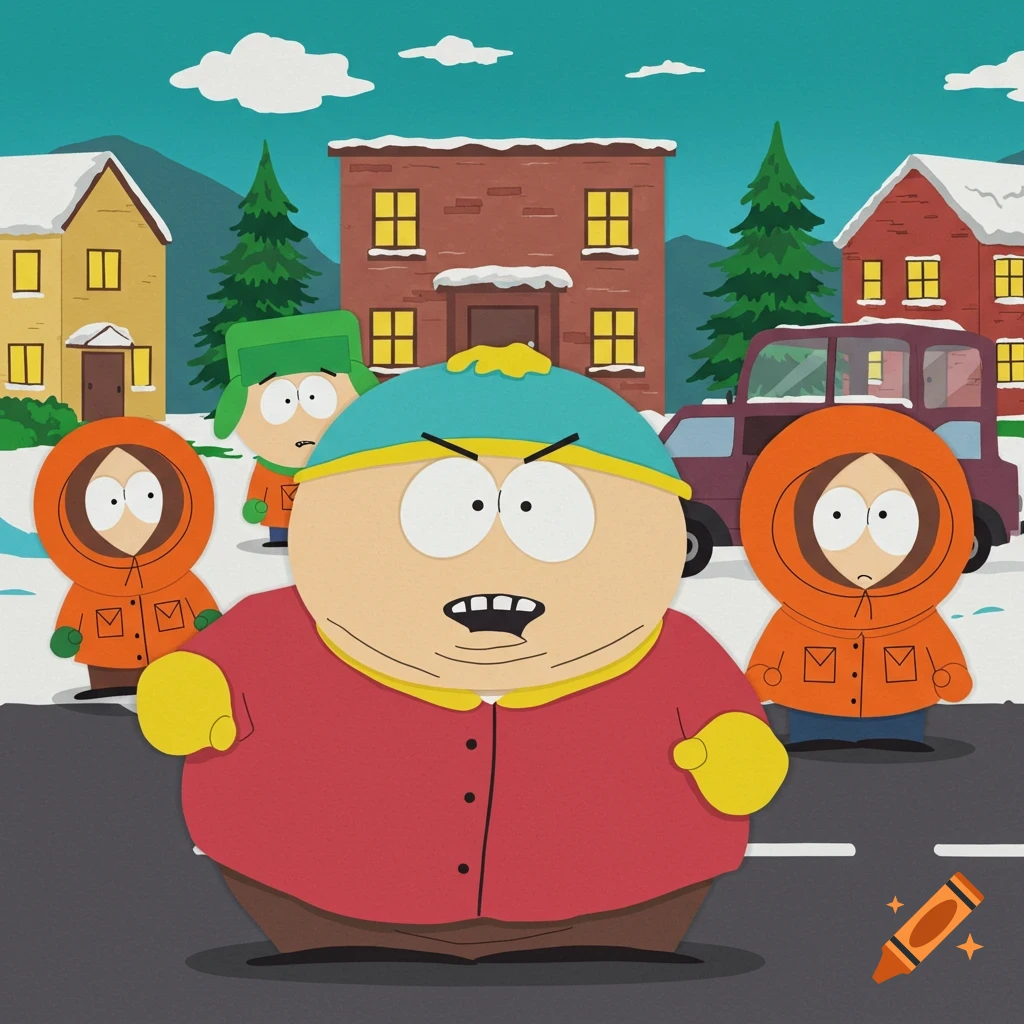 South Park characters Cartman, Kenny, and Kyle in a snowy street scene