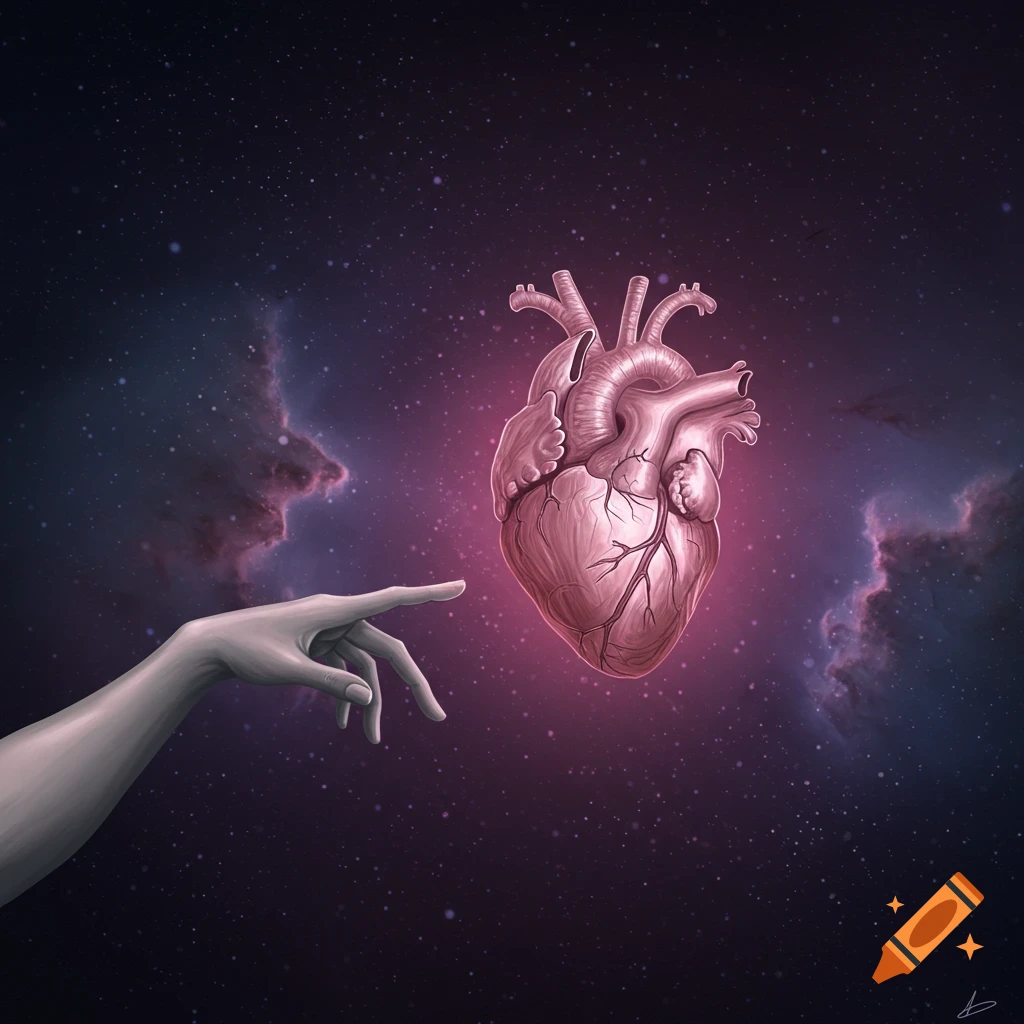 A hand reaches towards a glowing heart floating in space with nebulas and stars.