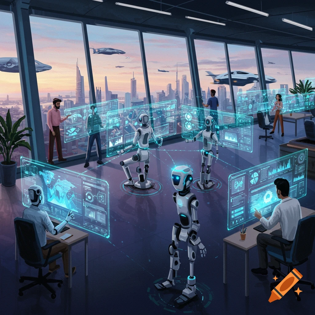 Futuristic office with humans, robots, and holographic data displays overlooking a city skyline with flying vehicles.