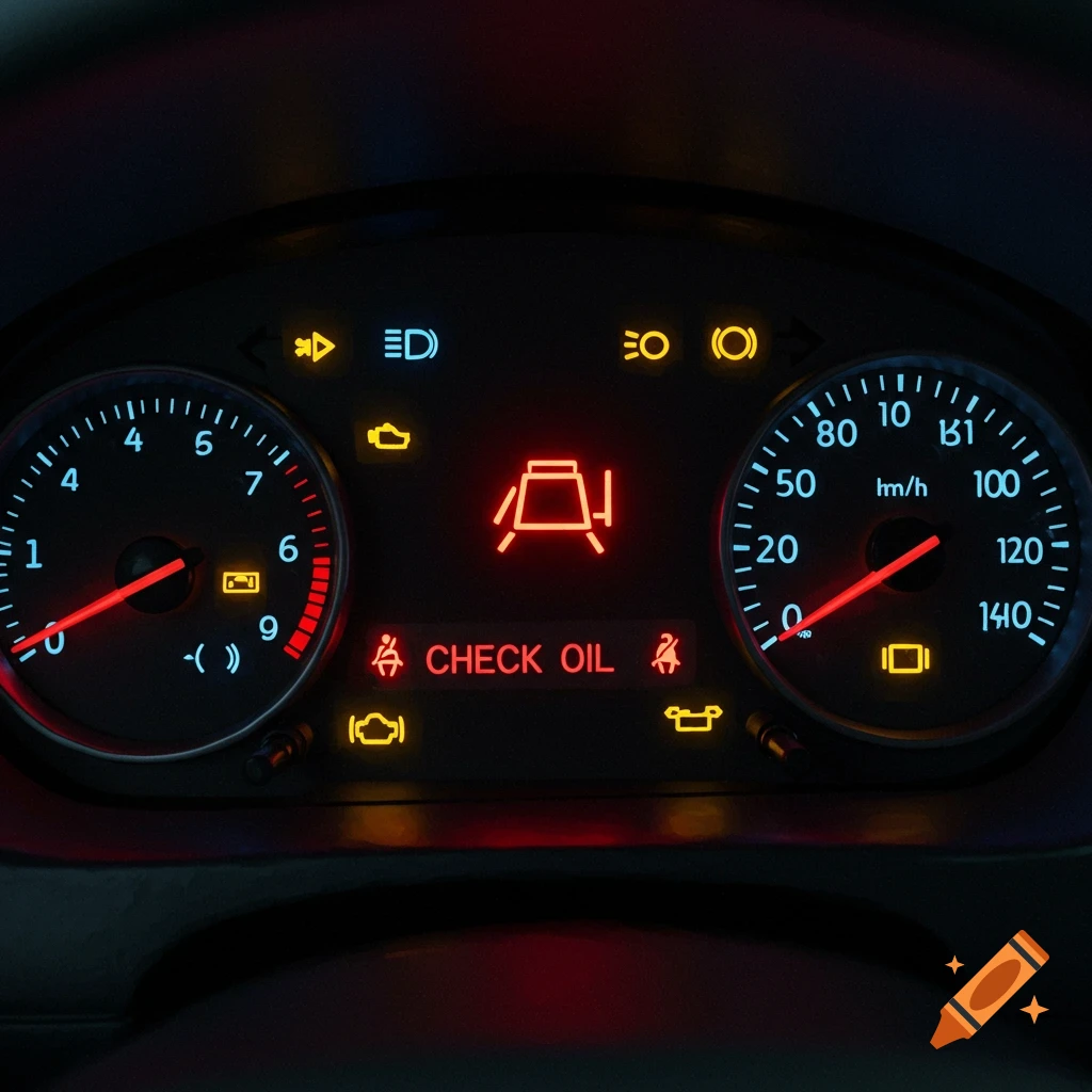 A car dashboard with several warning lights illuminated, including a red check oil light.