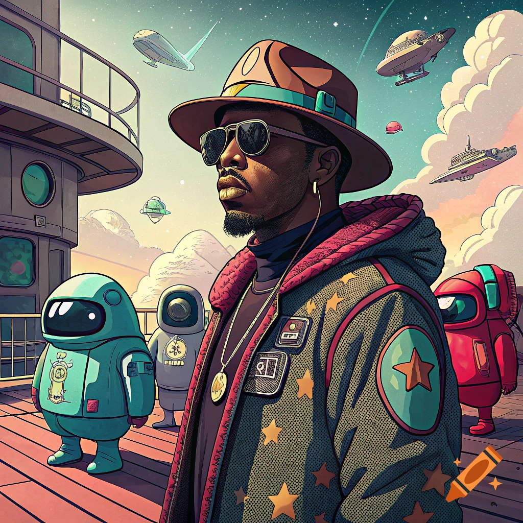 Illustrated scene of a person on a deck with Among Us-like robots, spaceships in the sky.