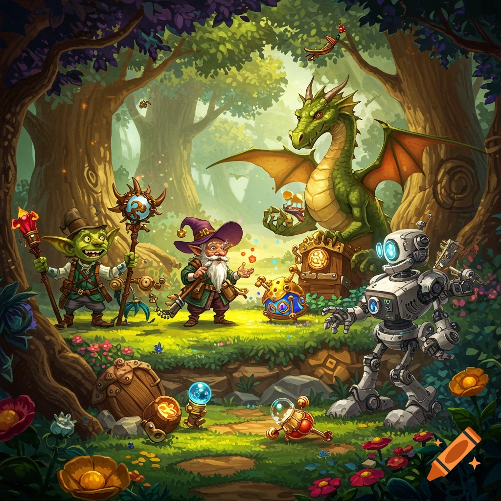 A fantasy scene in a forest with a goblin, gnome, dragon, and robot, in a colorful video game art style.