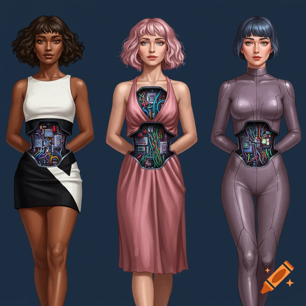 Three women standing, each with torso open revealing circuitry and wires inside, wearing different dresses and outfits.