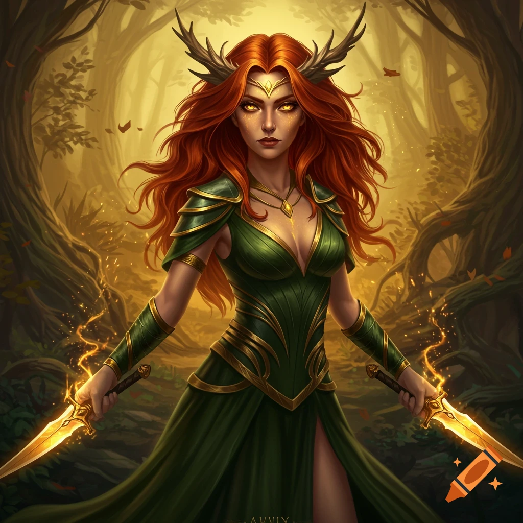 A fantasy woman with antlers and red hair in a green dress holds glowing daggers in a forest.