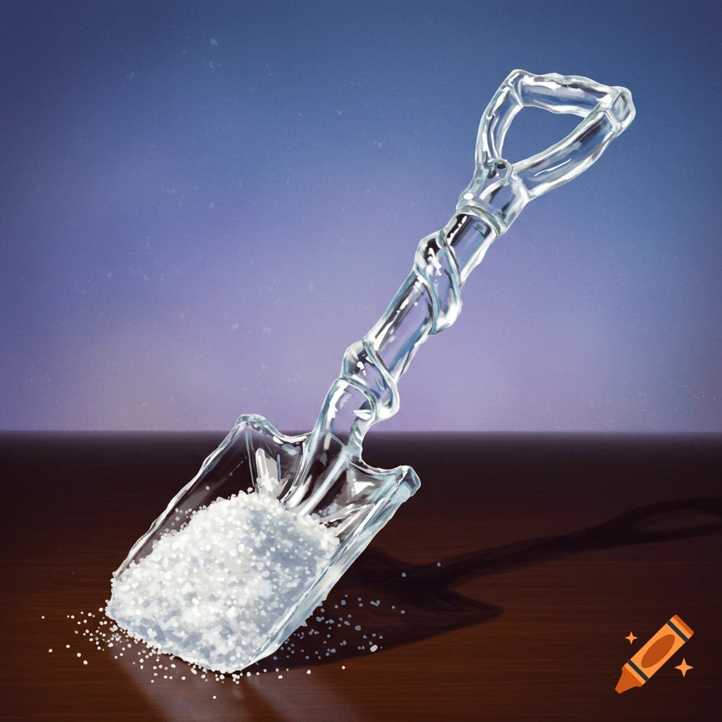 A clear glass shovel filled with white granules sits on a wooden surface against a purplish background.