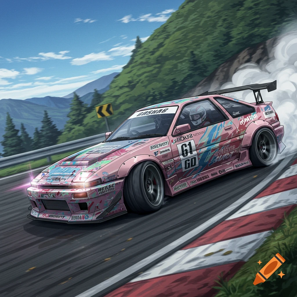 Anime illustration of a pink drift car sliding on a mountain road.