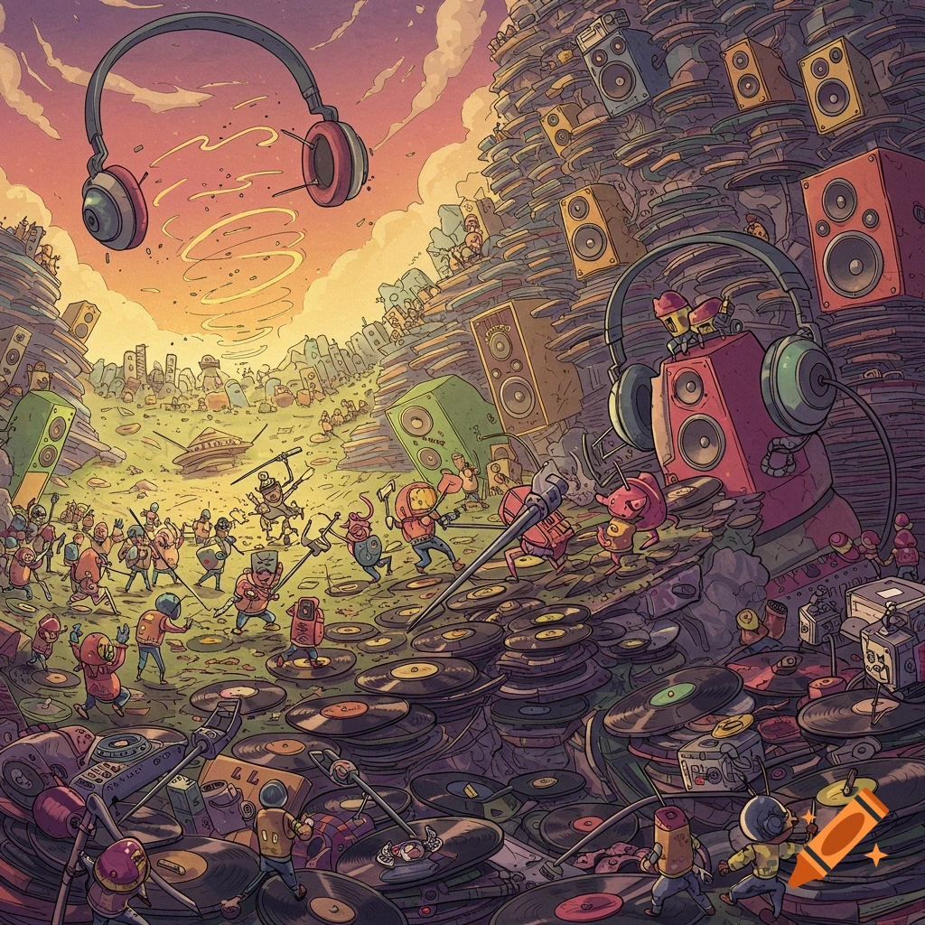 Illustrative scene of cartoon characters on piles of vinyl records and speakers, with giant headphones floating in the sky.