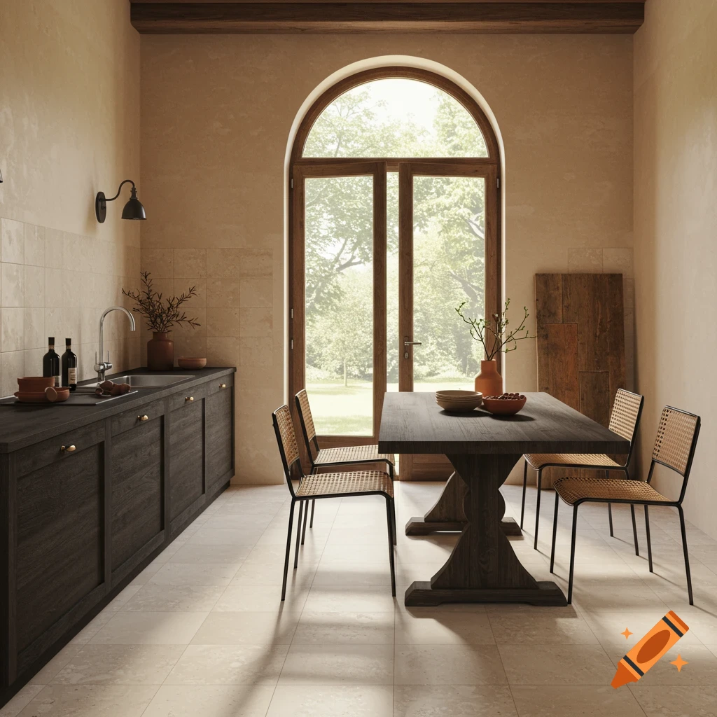 Contemporary Spanish kitchen and dining area with arched window, dark wood table, and tile floor.