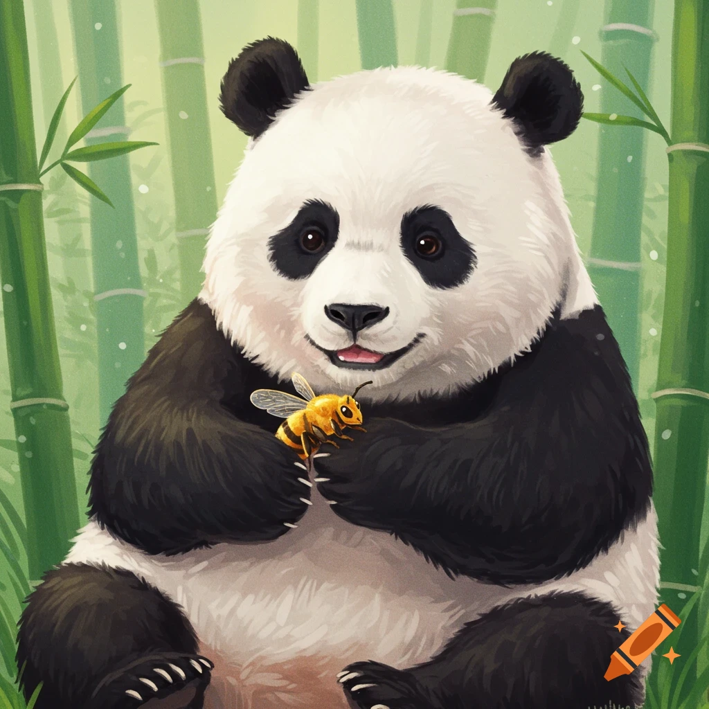 Cartoon illustration of a panda holding a small bee among bamboo stalks