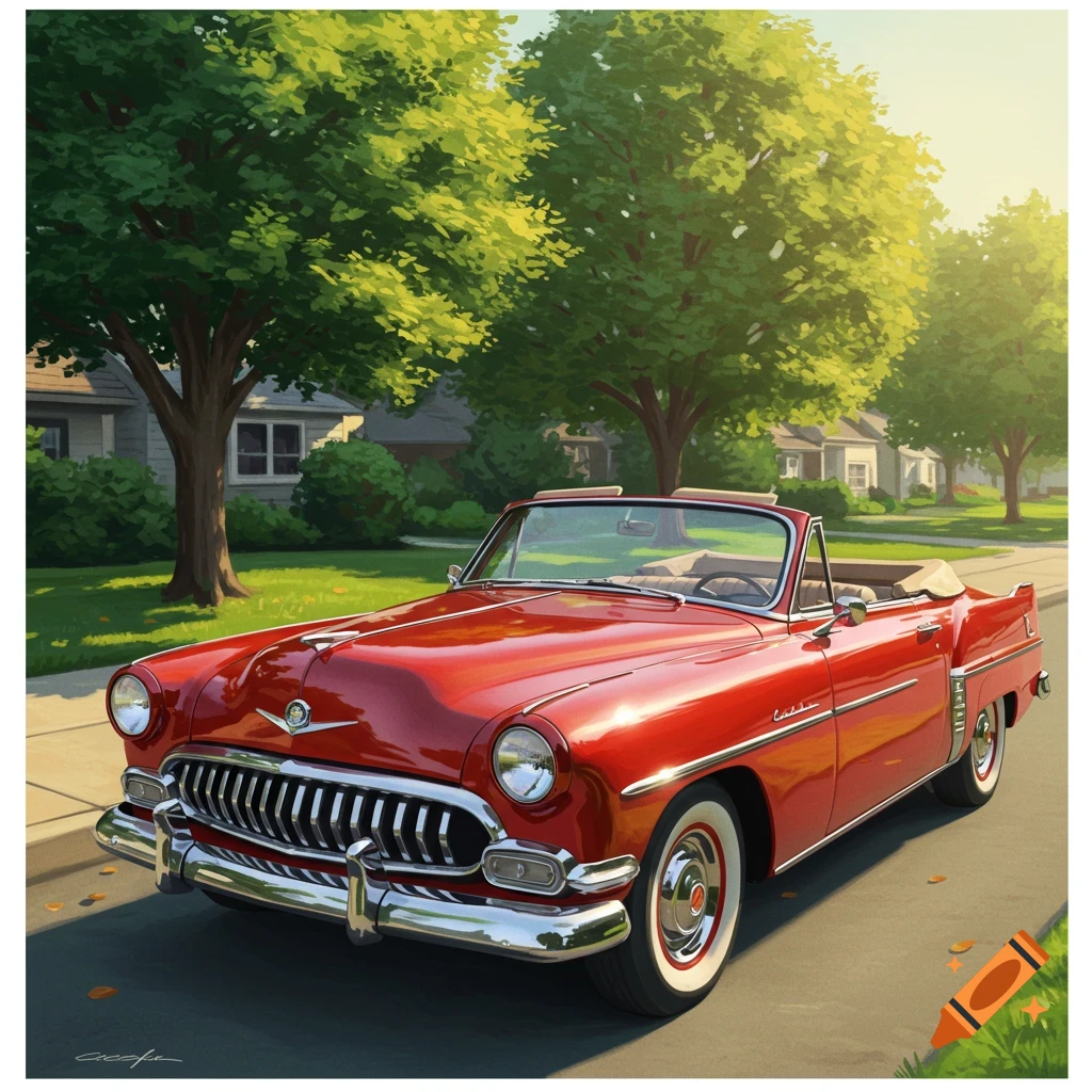 A red classic convertible car parked on a street in a suburban neighborhood.