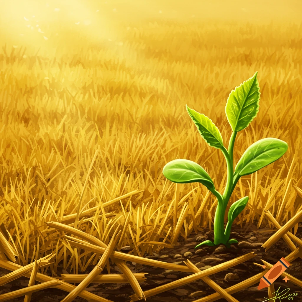 A green plant sprouts from dark soil amidst dry golden straw in an illustration.