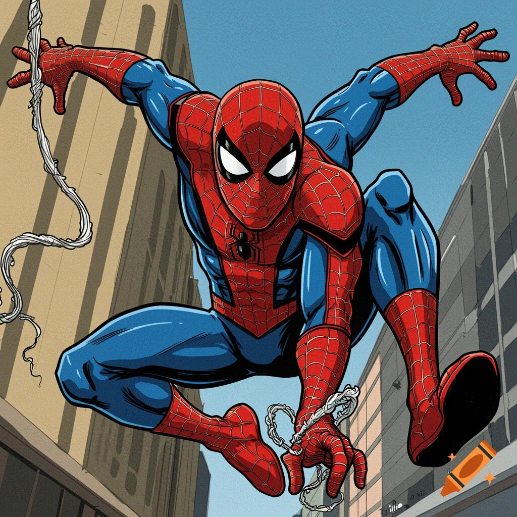 Spider-Man jumping in a city and shooting a web, comic book style.
