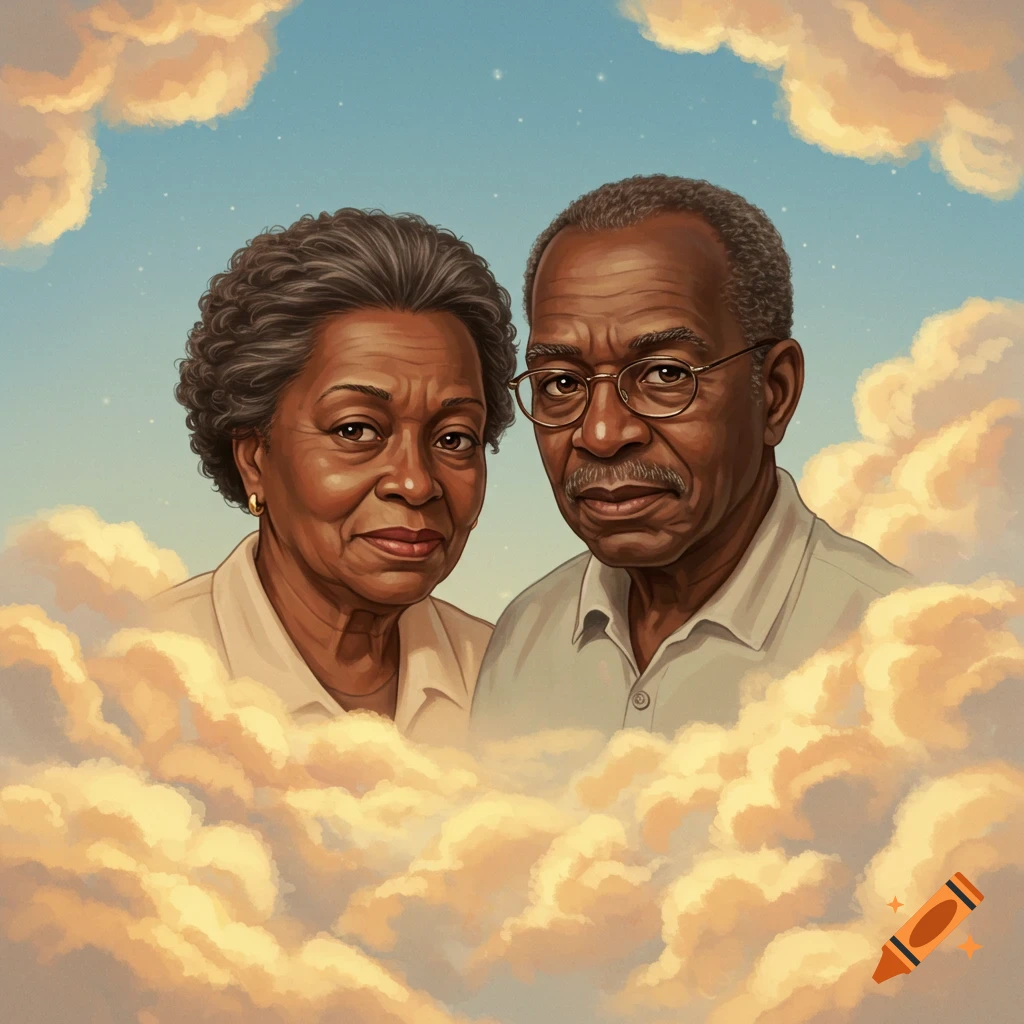 Illustration of elderly black man and woman looking down from among clouds in a blue sky.