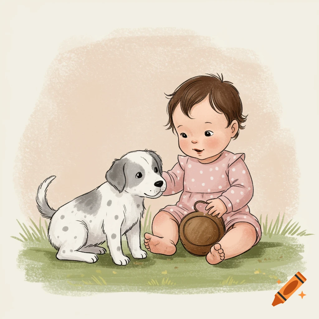 Illustration of a baby with a puppy in a whimsical style.