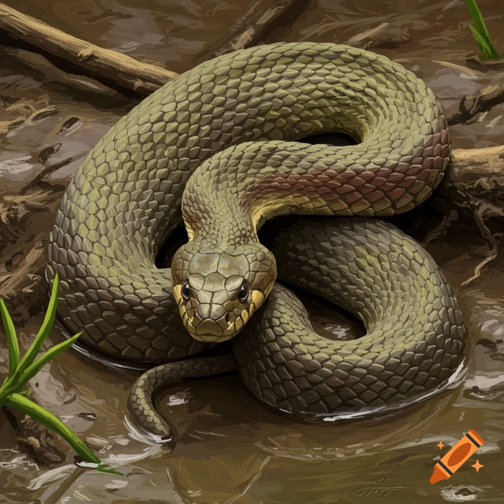 A green snake coiled in muddy water.
