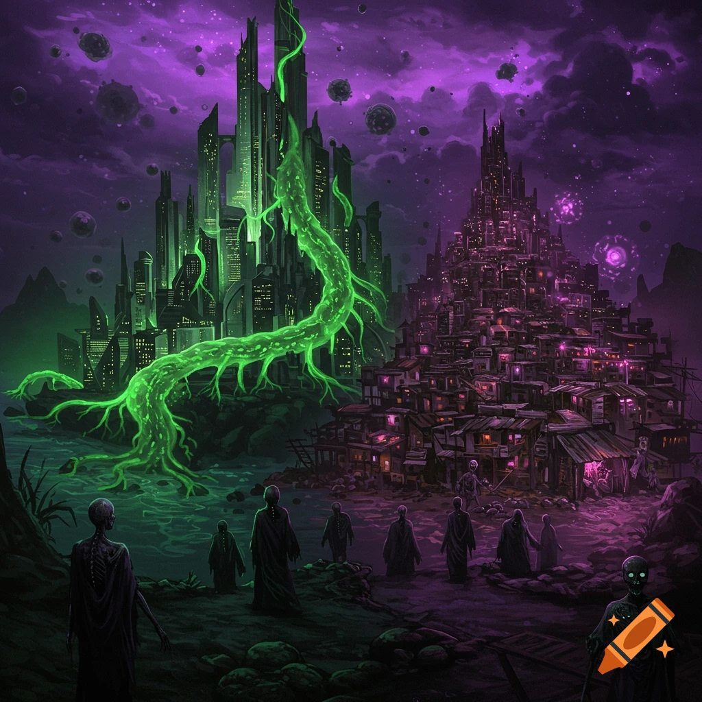 Two cities, one rich and futuristic, one poor and ramshackle, connected by glowing green roots. Hooded figures walk in the foreground. Digital art.