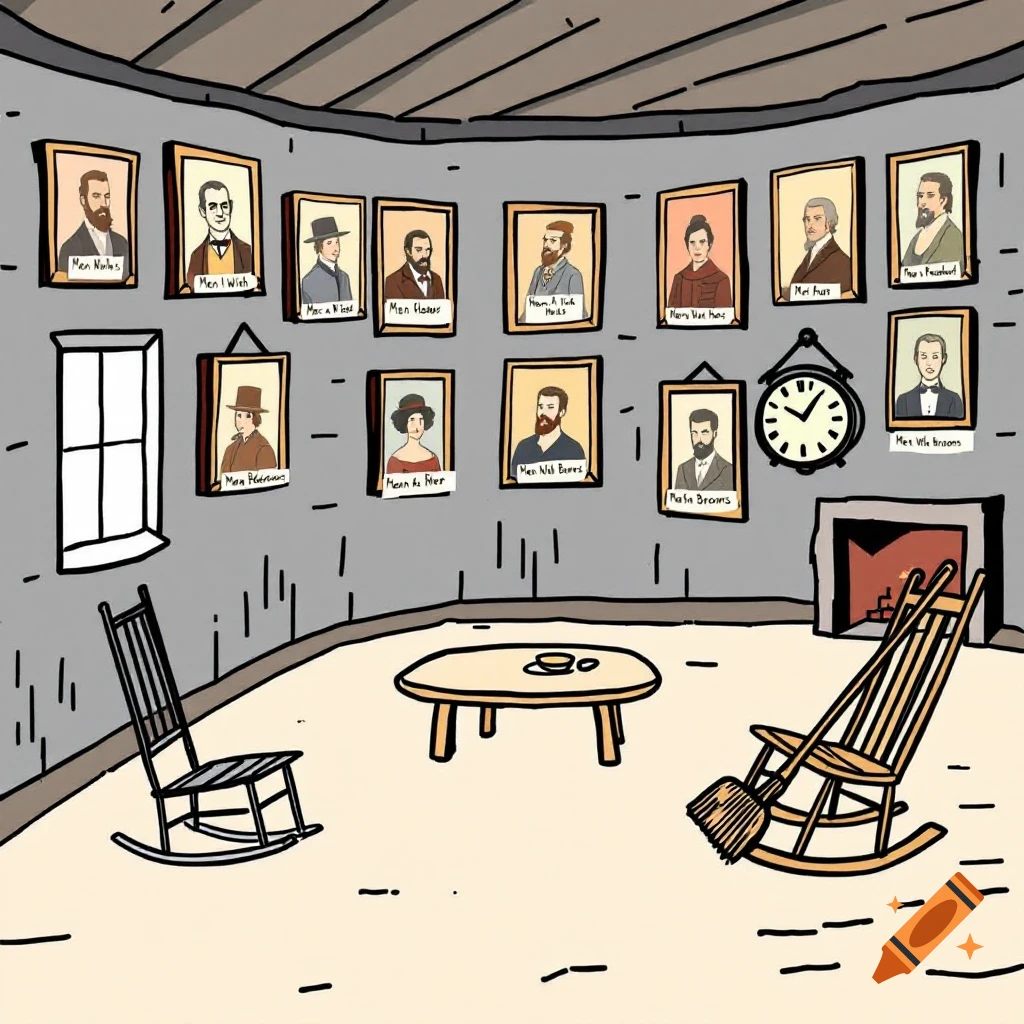 Hand-drawn illustration of a room with many framed portraits on the walls, two rocking chairs, a table, and a fireplace.