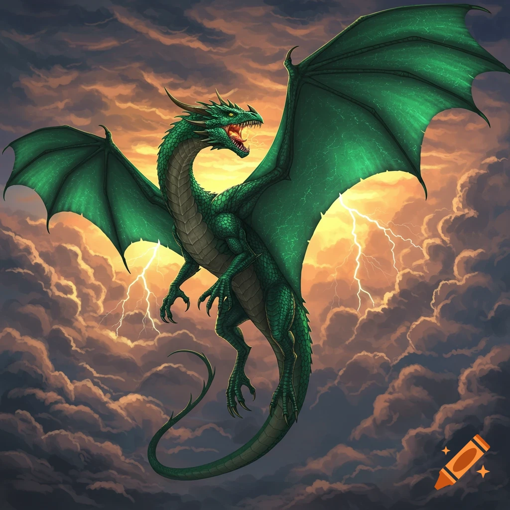 A large green wyvern flies through a stormy sky with lightning.