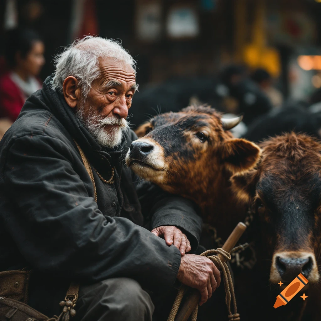 An elderly man with a white beard sits next to two brown cows in a photorealistic style