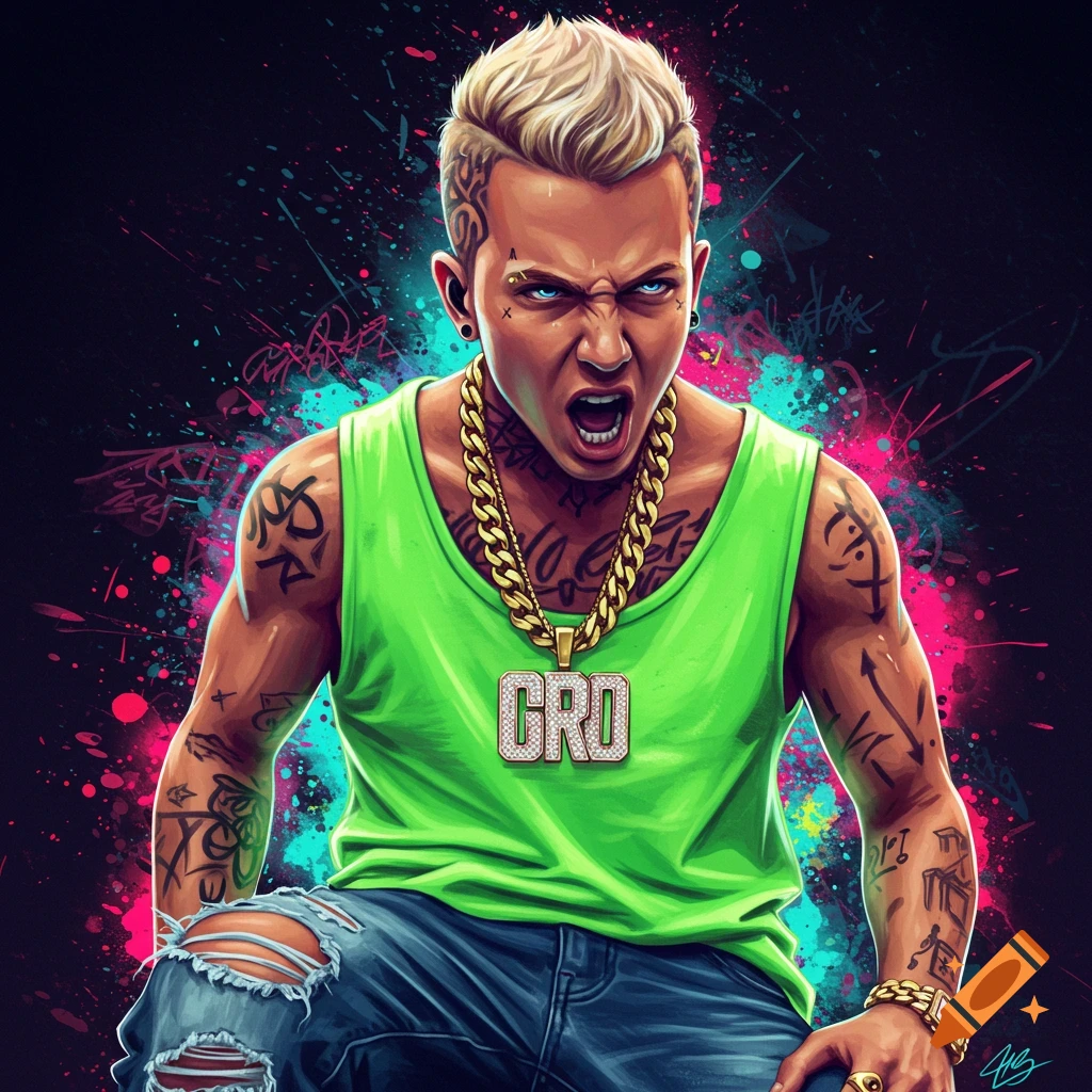 Illustration of a male rapper with tattoos, gold chain, and ripped jeans against a vibrant background.