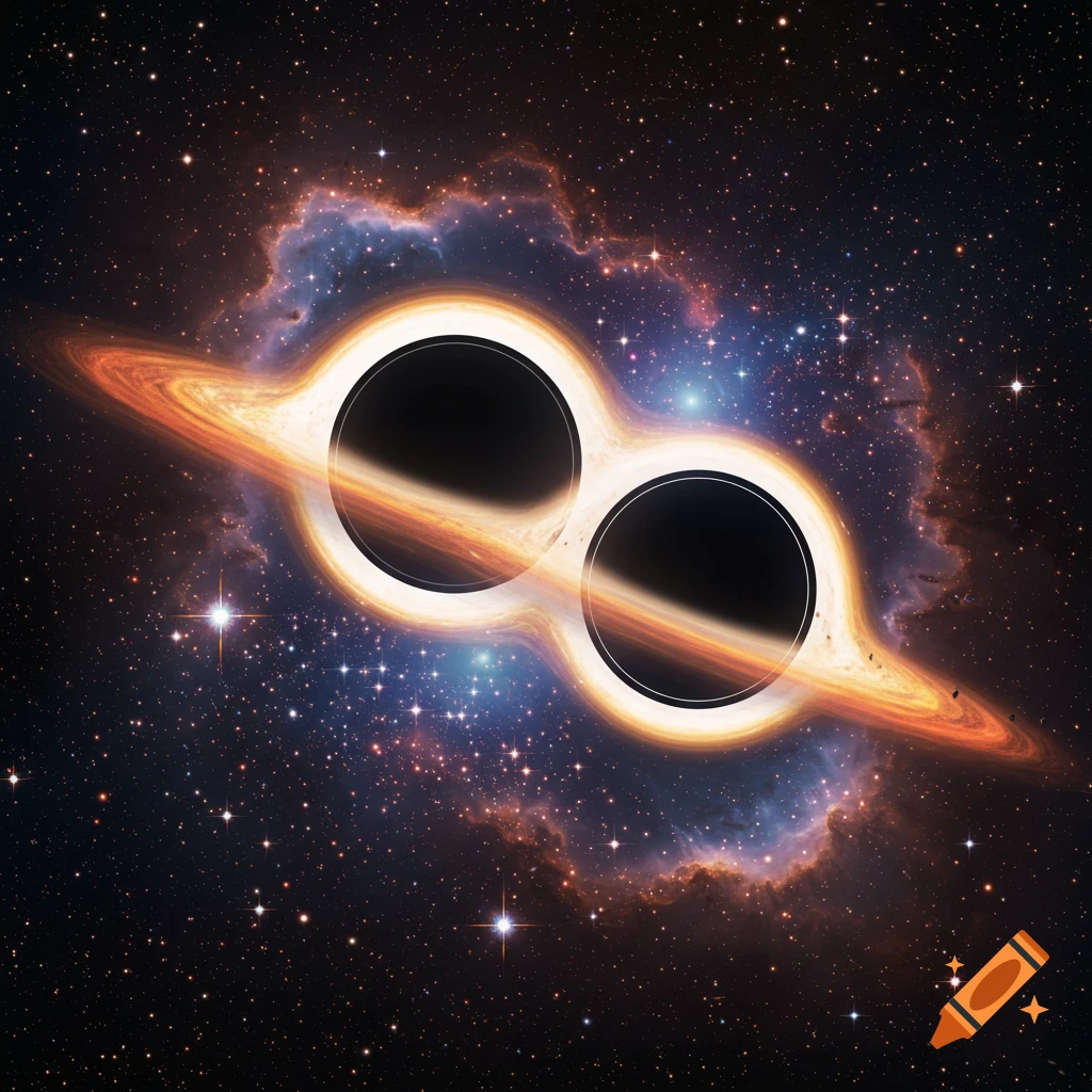 Binary black holes merging in space surrounded by accretion disks, stars, and nebulas.