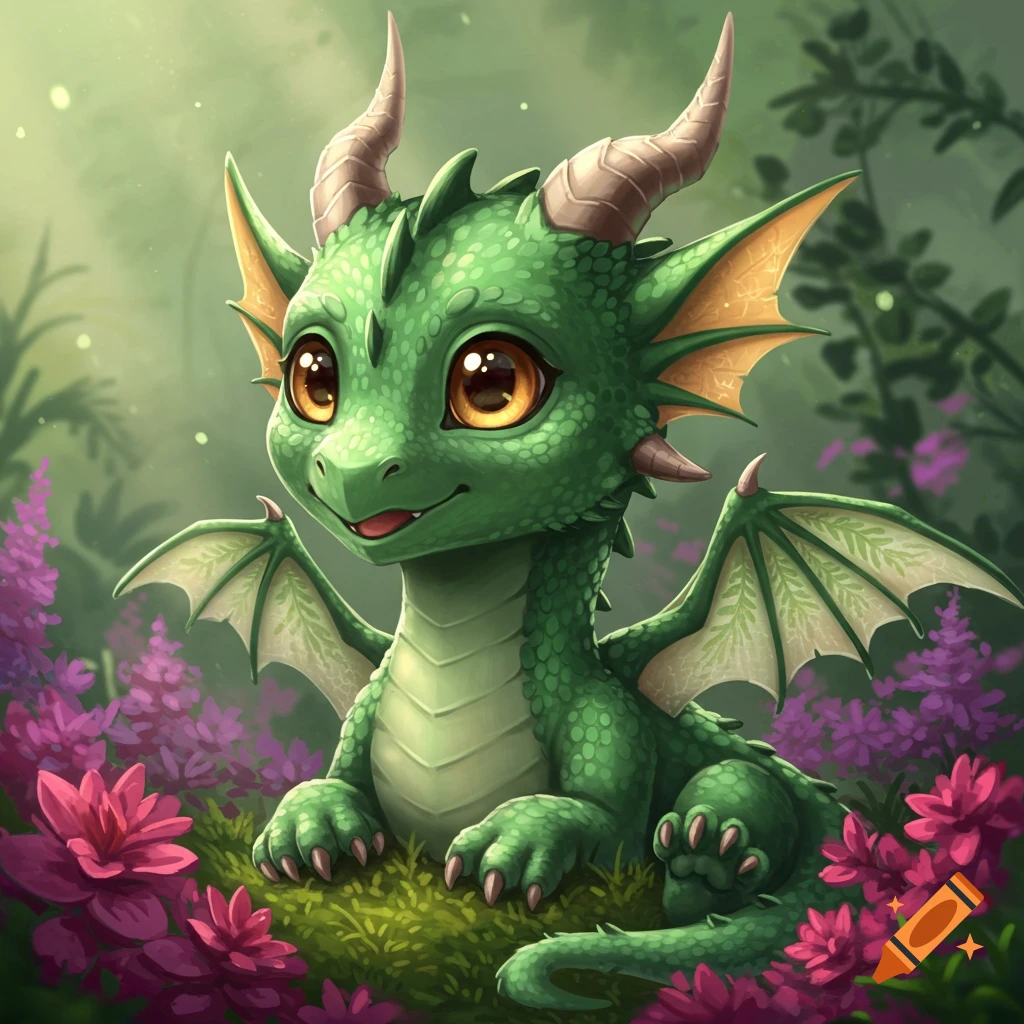 Cute green cartoon dragon sits among pink and purple flowers in a forest.