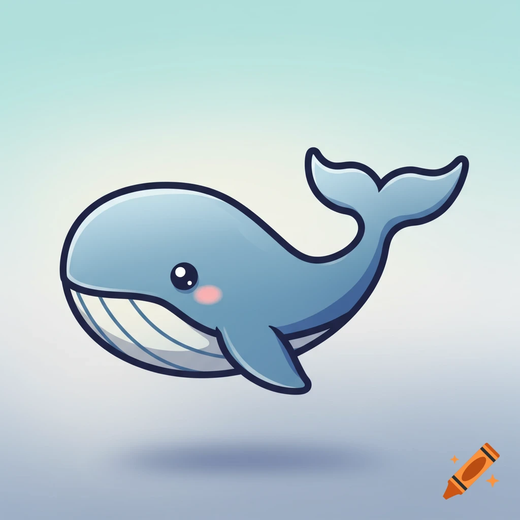 A cute cartoon whale floats on a gradient background.