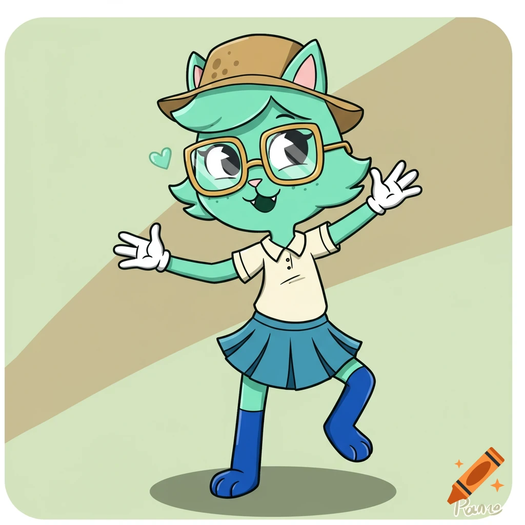 A mint green cartoon cat character wearing a hat, glasses, shirt, skirt, and boots poses happily. Styled like Toontown.