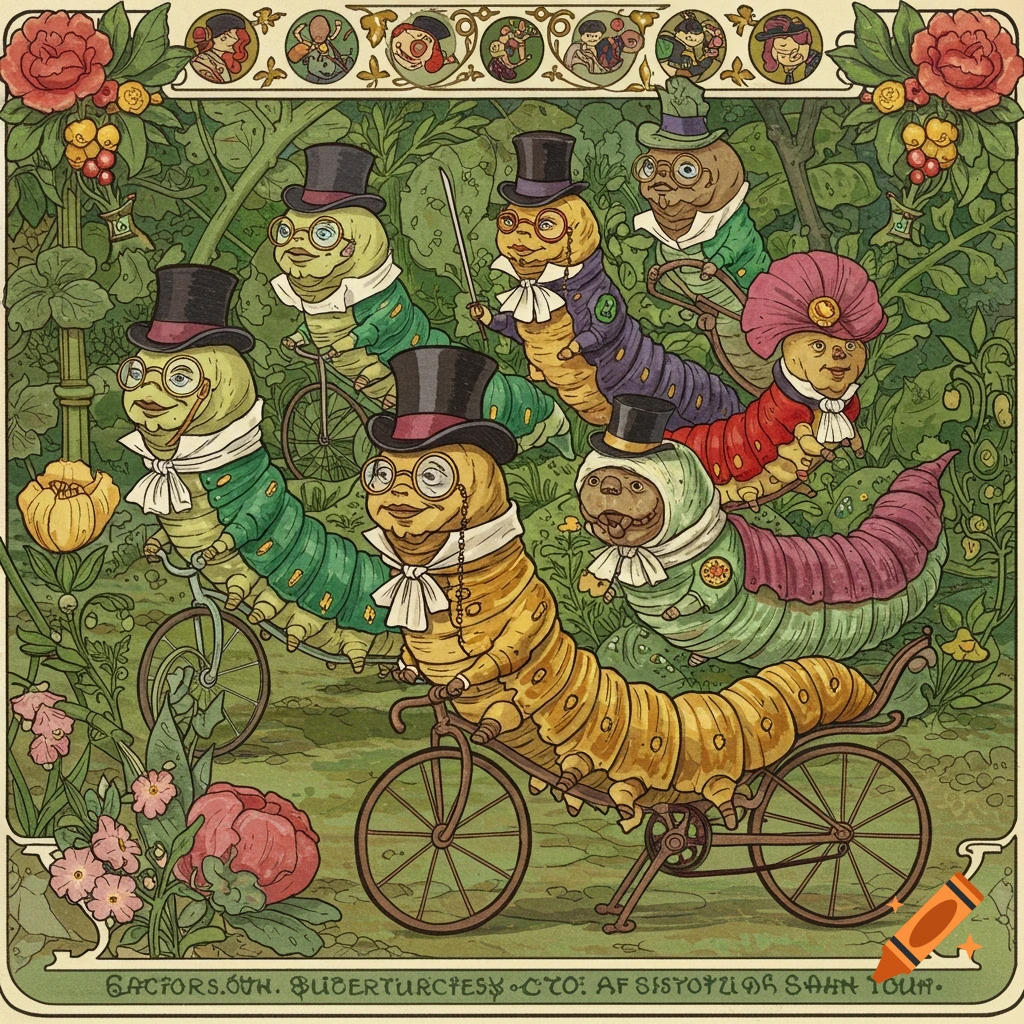Illustration of several caterpillars in top hats and formal wear riding bicycles through a garden.