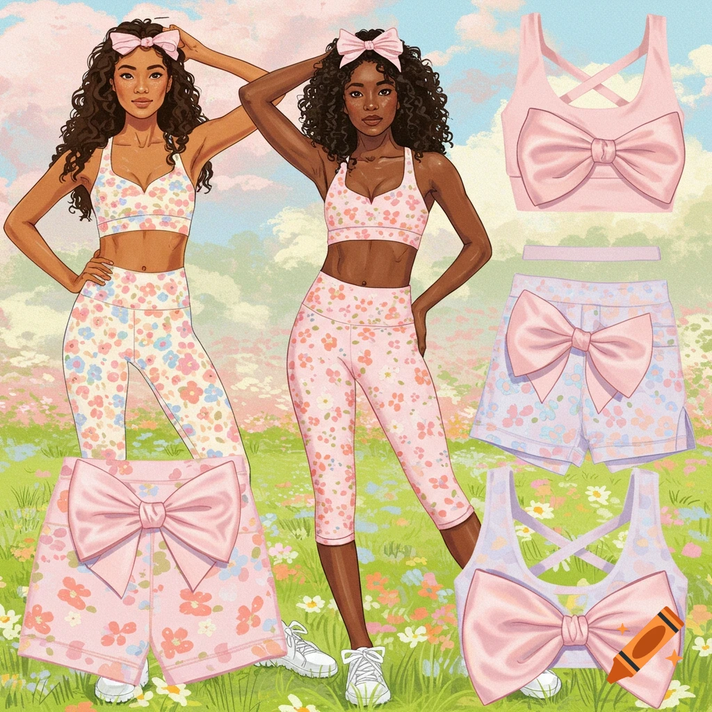 Illustration of two women in floral activewear posing in a field, with matching clothing pieces featuring large pink bows displayed.