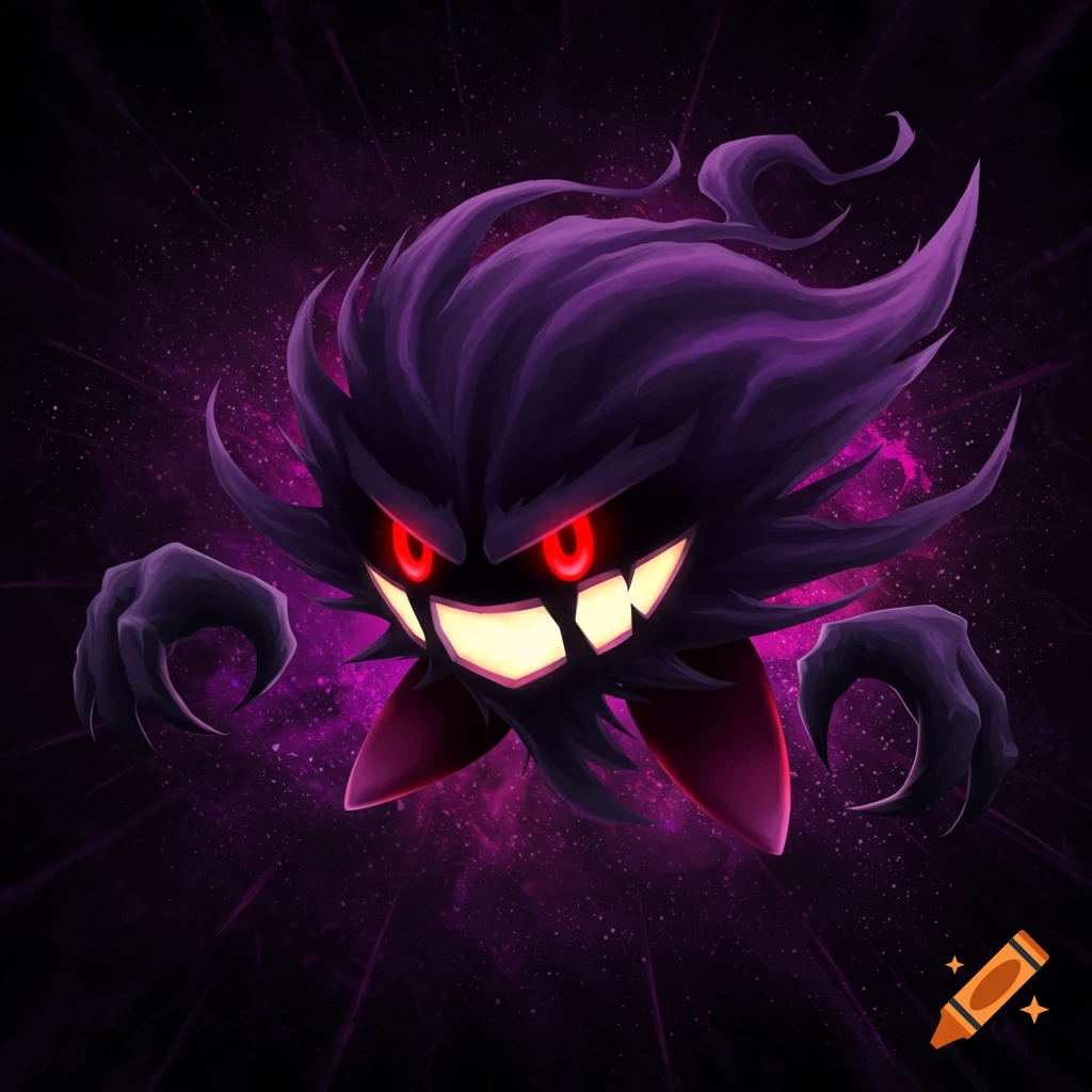 A dark purple creature with spiky hair, red eyes, and large claws floats against a cosmic background.