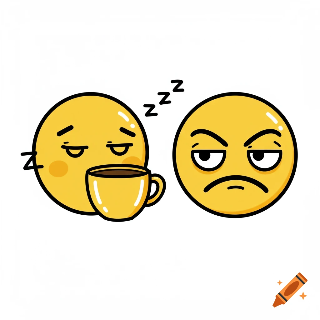 Two yellow cartoon emojis, one sleepy holding a coffee cup with Zzz symbols, the other grumpy.