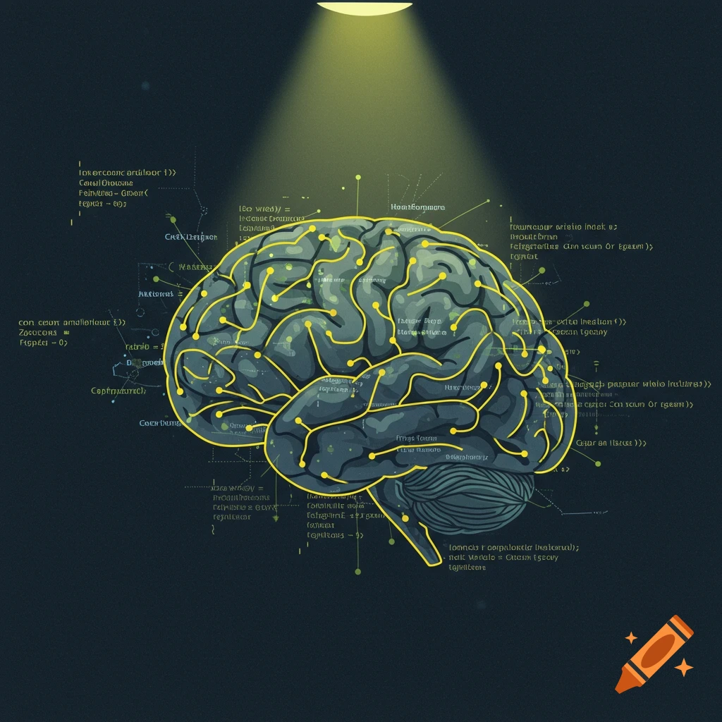 Stylized brain diagram with yellow connections and code elements, lit from above