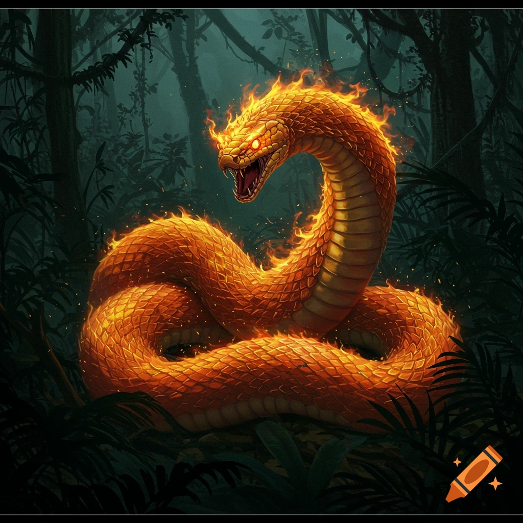 A fiery orange snake coiled in a dark jungle with glowing eyes.