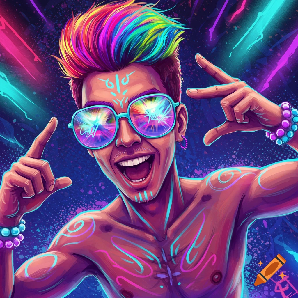 Colorful illustration of a man with rainbow hair and sunglasses making hand gestures.