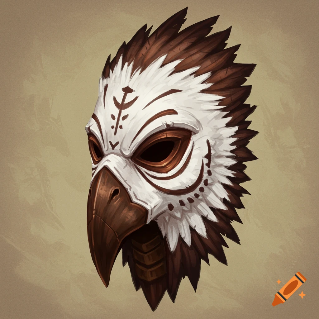 Stylized white and brown feathered mask resembling a bird's head with eyeholes and beak.