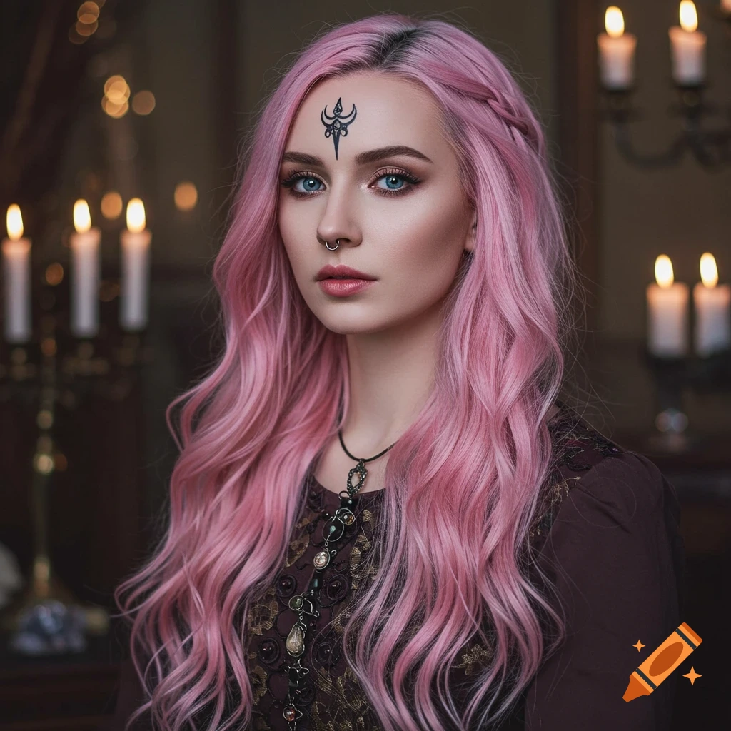 Portrait of a woman with long pink hair, blue eyes, and a symbol on her forehead, wearing a necklace, lit by candles.